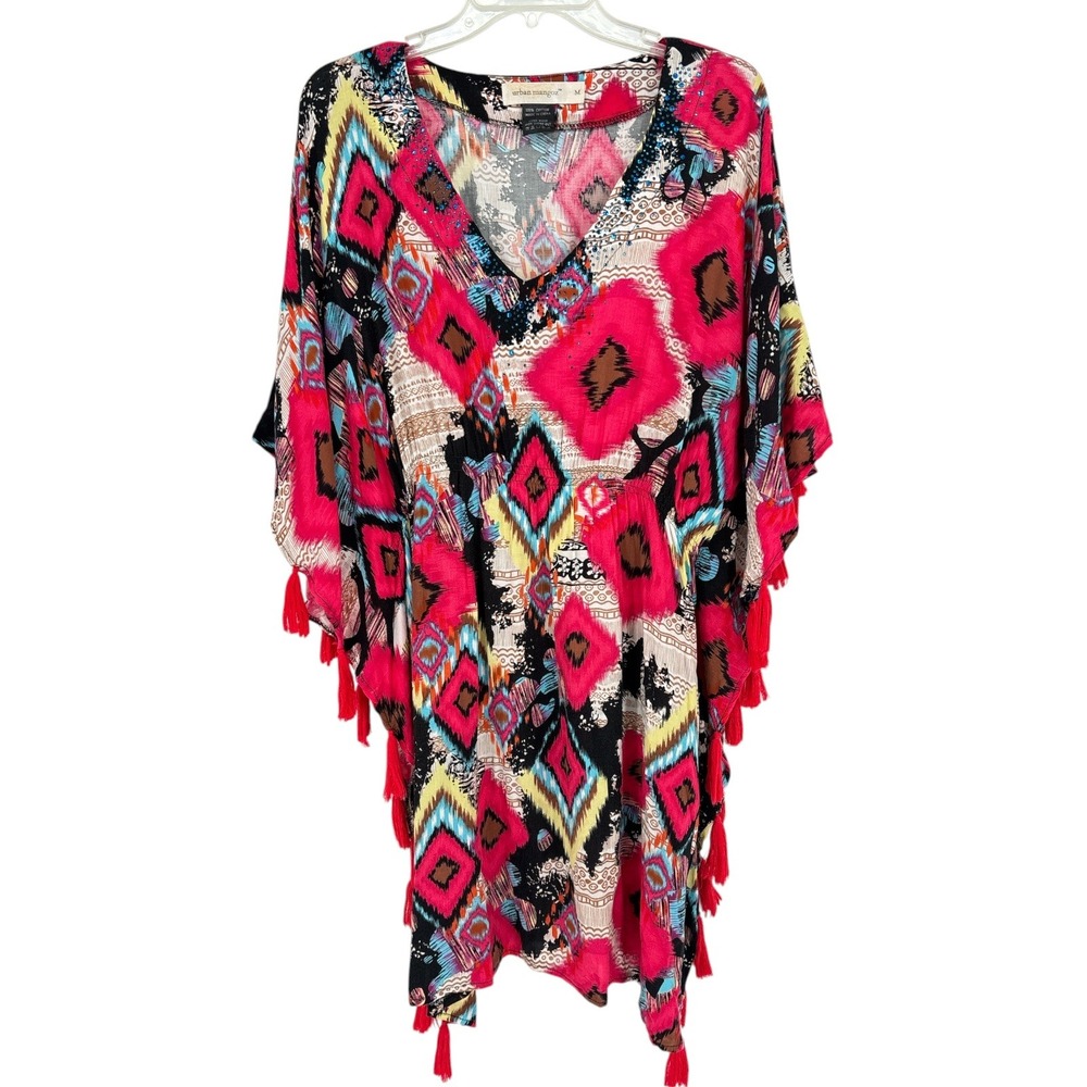 Ikat Tassel Kaftan Cover Up Dress Women Size M Pink Boho Beach Resort Tunic